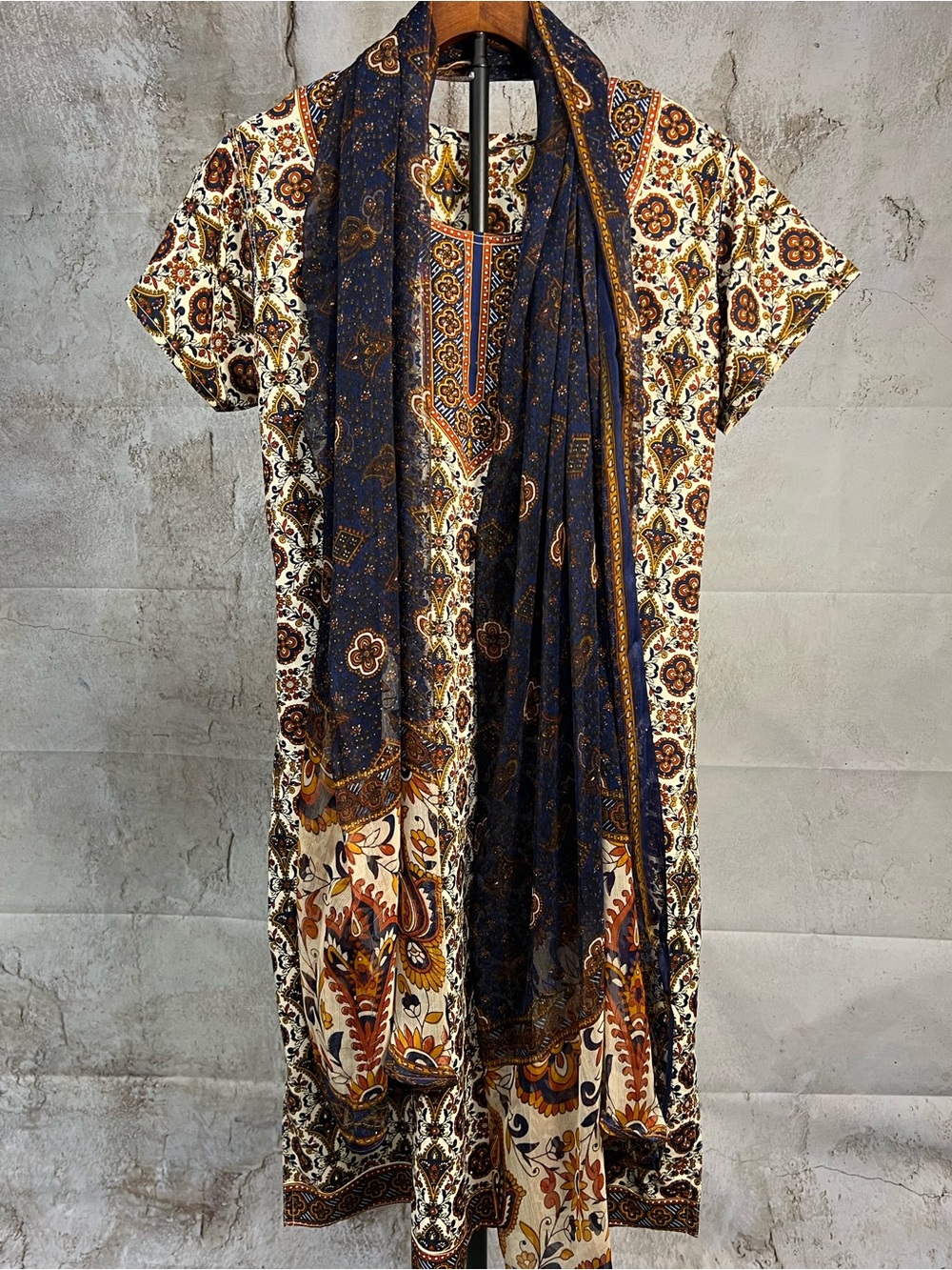 Vintage 3 Piece Boho Paisley Outfit Set Dress Pants Scarf No Tags